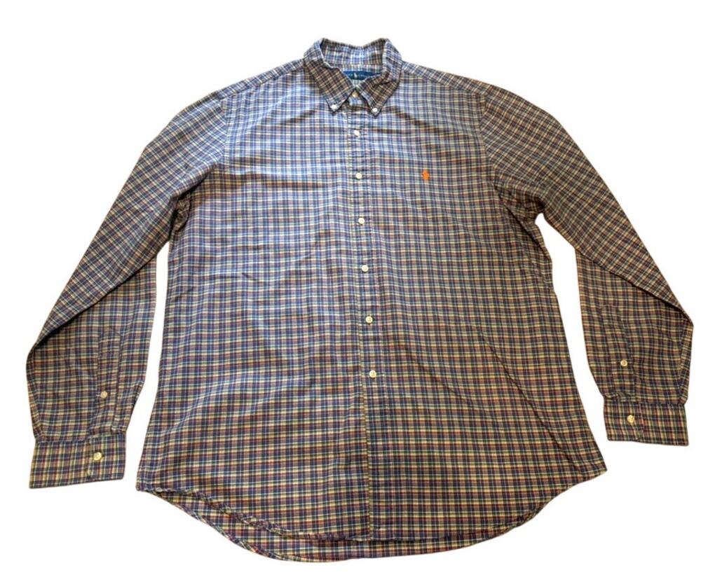 Polo Ralph Lauren Mens XL Blue Plaid Button Down Shirt Orange Pony 100% Cotton